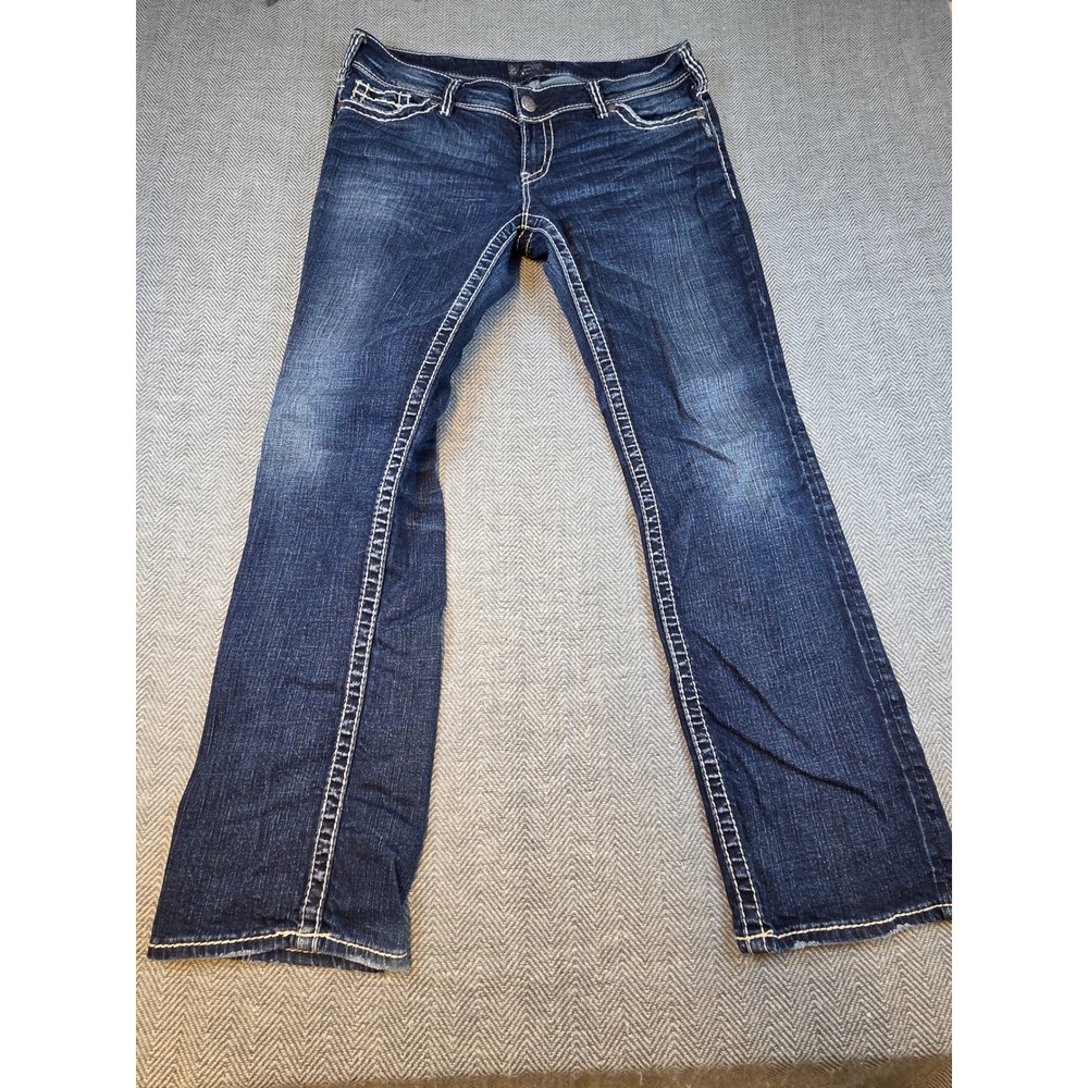 Silver Jeans Co Suki Mid Straight Dark Wash Contrast Stitch Jeans W34 L32 L93414